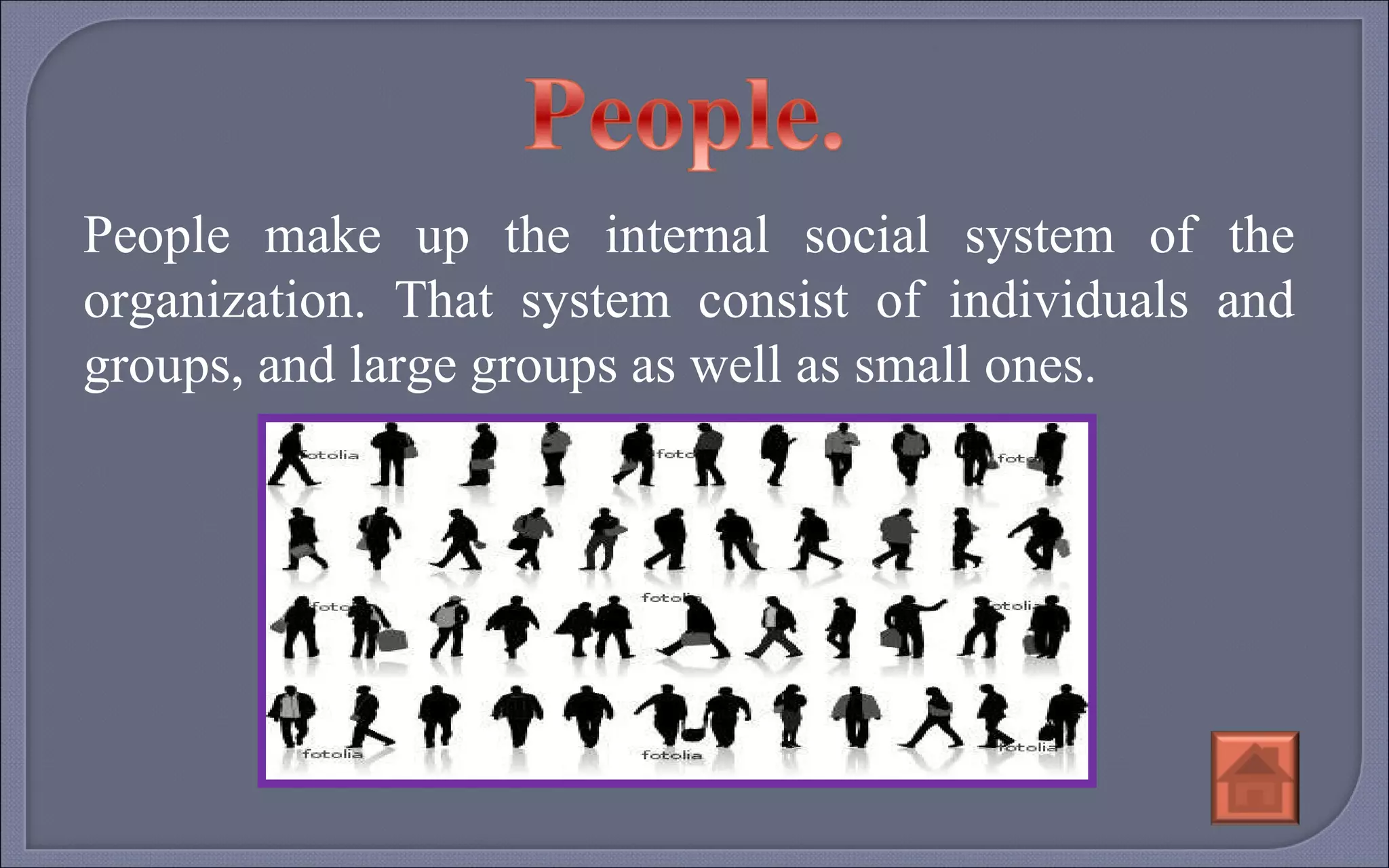 People make up the internal social system of the organization. That system consist of individuals and groups, and large groups as well as small ones. 