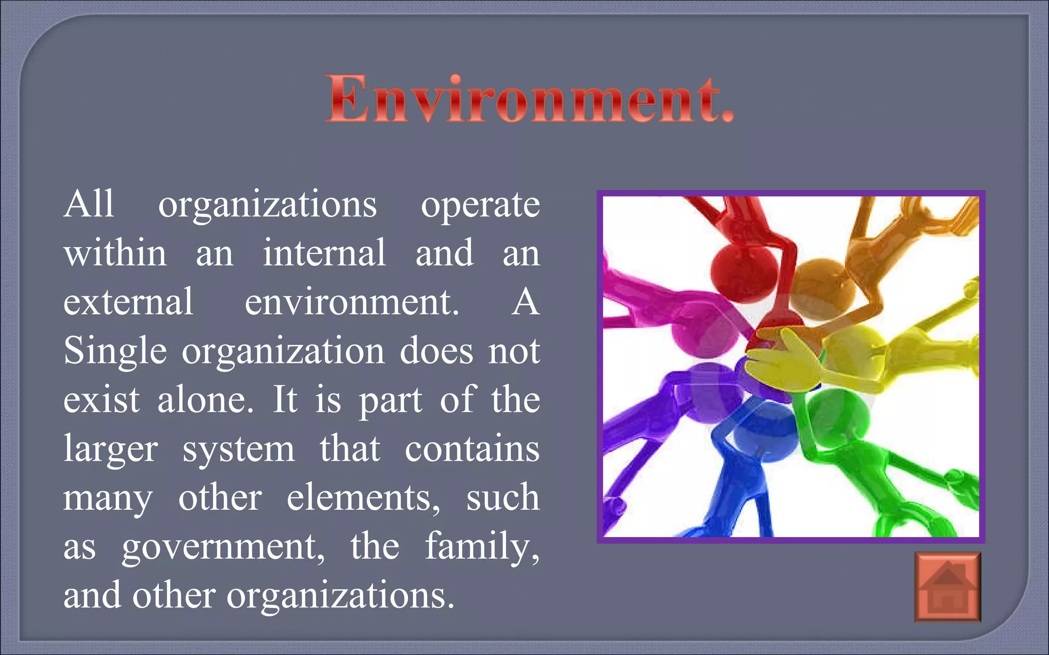 All organizations operate within an internal and an external environment. A Single organization does not exist alone. It is part of the larger system that contains many other elements, such as government, the family, and other organizations.   