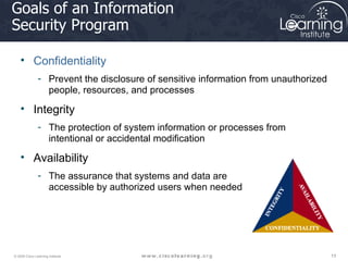 Goals of an Information  Security Program Confidentiality Prevent the disclosure of sensitive information from unauthorized people, resources, and processes Integrity The protection of system information or processes from intentional or accidental modification Availability The assurance that systems and data are  accessible by authorized users when needed 