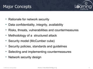 Major Concepts Rationale for network security Data confidentiality, integrity, availability Risks, threats, vulnerabilities and countermeasures Methodology of a  structured attack Security model (McCumber cube) Security policies, standards and guidelines Selecting and implementing countermeasures Network security design 