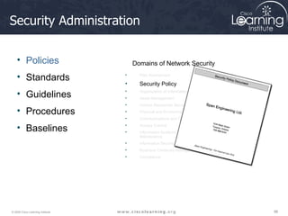Security Administration Policies Standards Guidelines Procedures Baselines Risk Assessment Security Policy Organization of Information Security Asset Management Human Resources Security Physical and Environmental Security Communications and Operations Management Access Control Information Systems Acquisition, Development and Maintenance Information Security Incident Management Business Continuity Management Compliance Domains of Network Security 