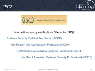 ISC2 Systems Security Certified Practitioner (SCCP) Certification and Accreditation Professional (CAP) Certified Secure Software Lifecycle Professional (CSSLP) Certified Information Systems Security Professional (CISSP) Information security certifications Offered by (ISC)2 