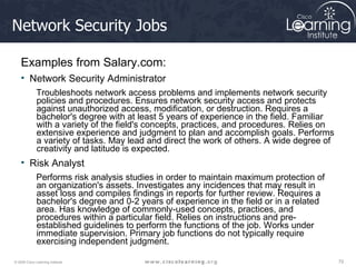 Network Security Jobs Examples from Salary.com: Network Security Administrator Troubleshoots network access problems and implements network security policies and procedures. Ensures network security access and protects against unauthorized access, modification, or destruction. Requires a bachelor's degree with at least 5 years of experience in the field. Familiar with a variety of the field's concepts, practices, and procedures. Relies on extensive experience and judgment to plan and accomplish goals. Performs a variety of tasks. May lead and direct the work of others. A wide degree of creativity and latitude is expected.  Risk Analyst Performs risk analysis studies in order to maintain maximum protection of an organization's assets. Investigates any incidences that may result in asset loss and compiles findings in reports for further review. Requires a bachelor's degree and 0-2 years of experience in the field or in a related area. Has knowledge of commonly-used concepts, practices, and procedures within a particular field. Relies on instructions and pre-established guidelines to perform the functions of the job. Works under immediate supervision. Primary job functions do not typically require exercising independent judgment.  