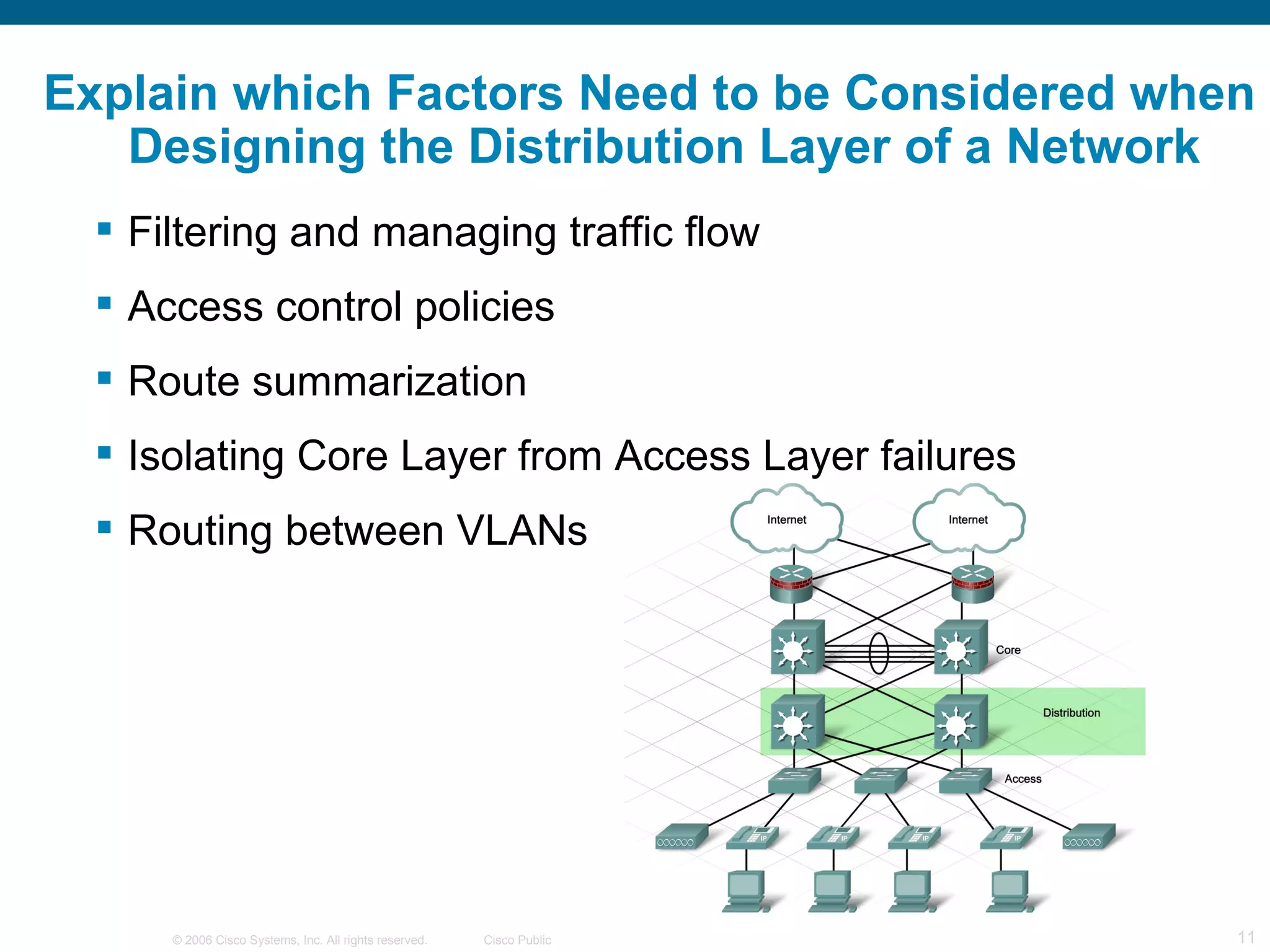 Explain which Factors Need to be Considered when
   Designing the Distribution Layer of a Network
   Filtering and managing traffic flow
   Access control policies
   Route summarization
   Isolating Core Layer from Access Layer failures
   Routing between VLANs




      © 2006 Cisco Systems, Inc. All rights reserved.   Cisco Public   11
 