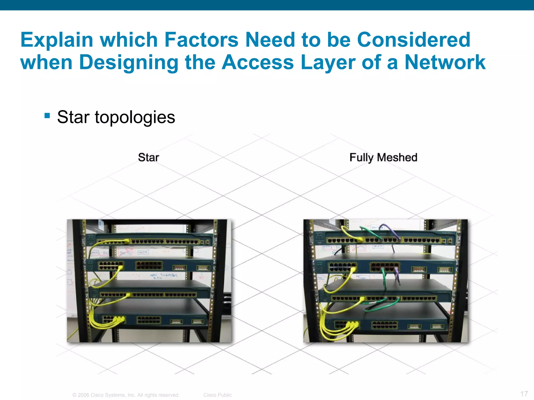 Explain which Factors Need to be Considered
when Designing the Access Layer of a Network

   Star topologies




     © 2006 Cisco Systems, Inc. All rights reserved.   Cisco Public   17
 