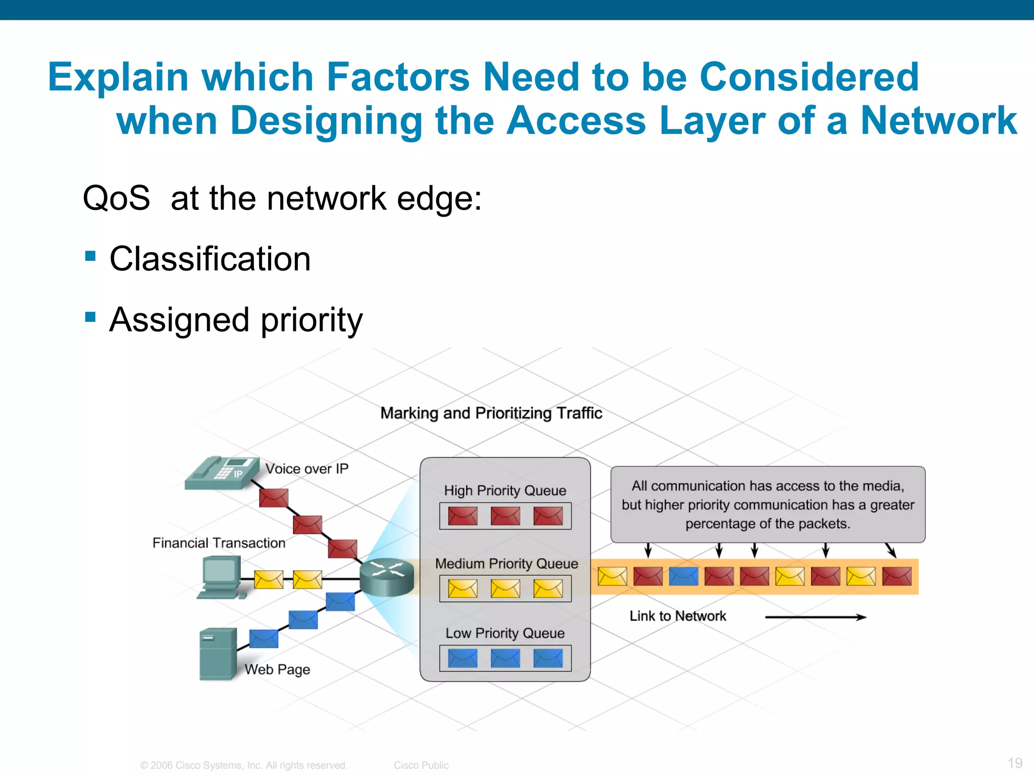 Explain which Factors Need to be Considered
   when Designing the Access Layer of a Network
 QoS at the network edge:
  Classification
  Assigned priority




     © 2006 Cisco Systems, Inc. All rights reserved.   Cisco Public   19
 