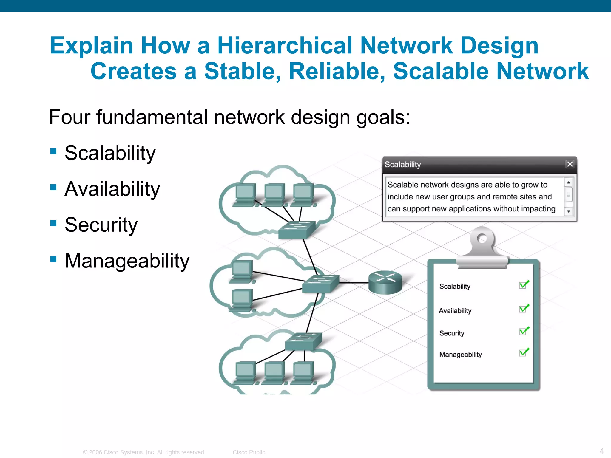 Explain How a Hierarchical Network Design
   Creates a Stable, Reliable, Scalable Network
Four fundamental network design goals:
 Scalability
 Availability
 Security
 Manageability




    © 2006 Cisco Systems, Inc. All rights reserved.   Cisco Public   4
 