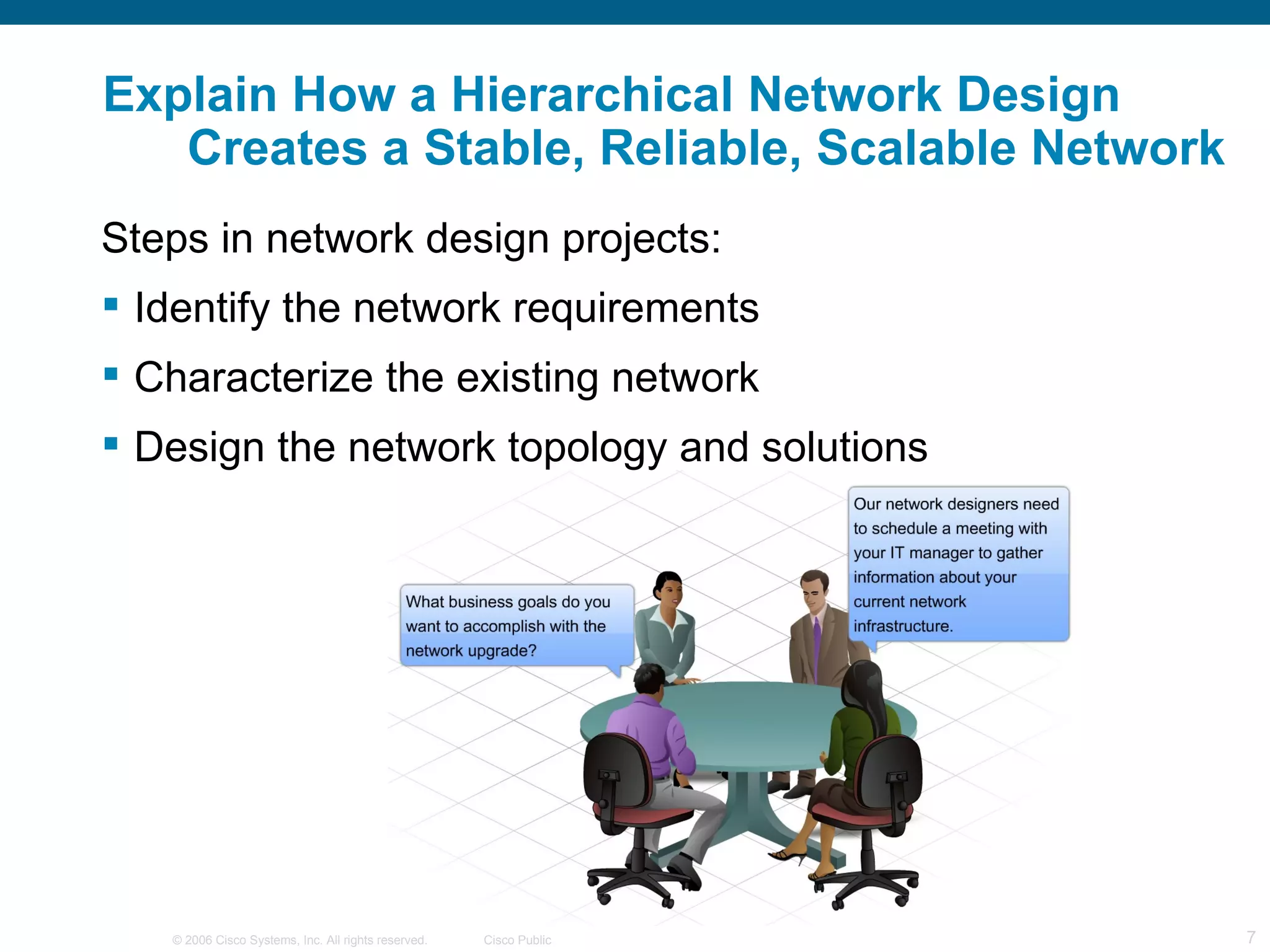 Explain How a Hierarchical Network Design
   Creates a Stable, Reliable, Scalable Network
Steps in network design projects:
 Identify the network requirements
 Characterize the existing network
 Design the network topology and solutions




   © 2006 Cisco Systems, Inc. All rights reserved.   Cisco Public   7
 