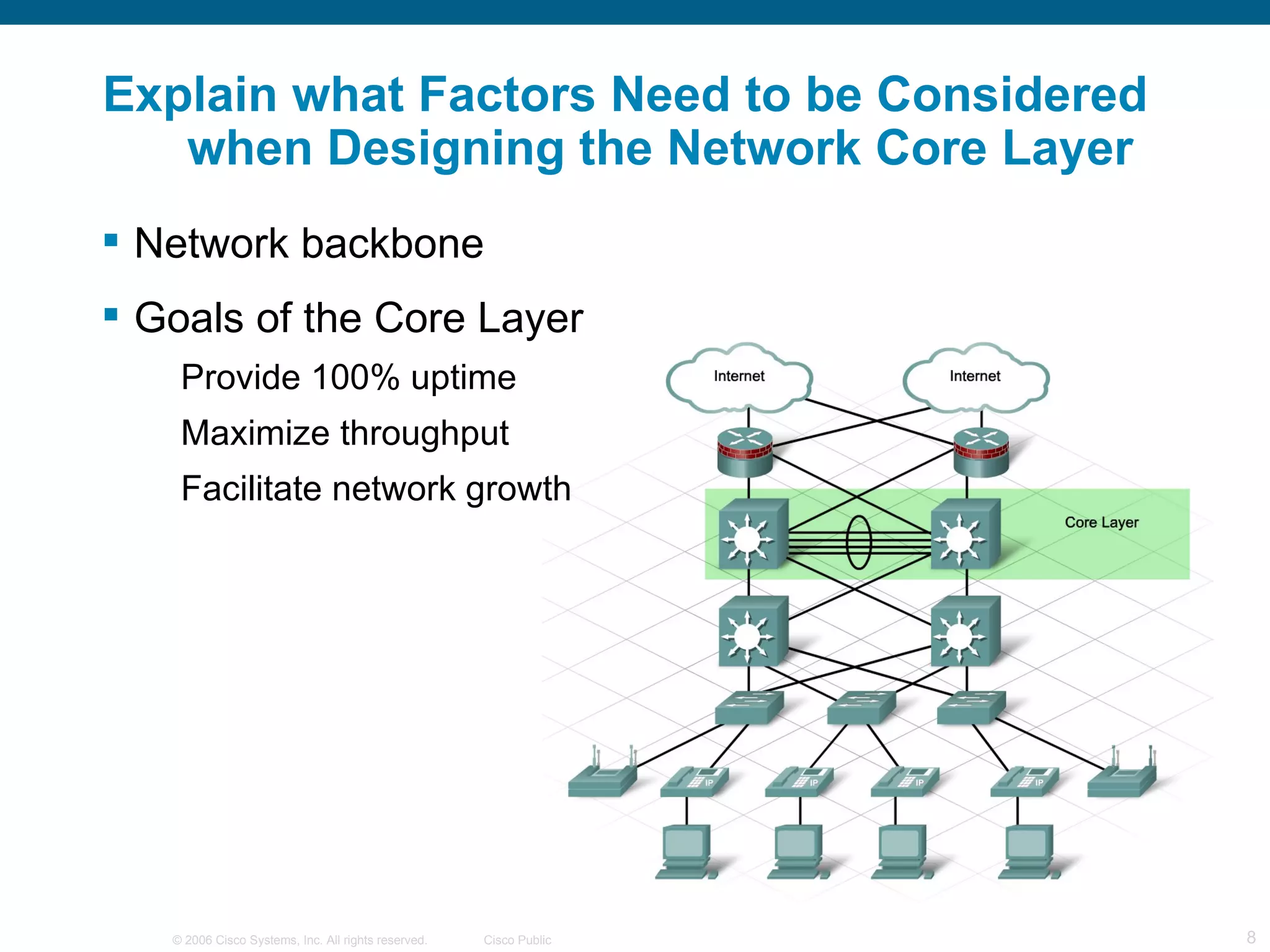 Explain what Factors Need to be Considered
   when Designing the Network Core Layer
 Network backbone
 Goals of the Core Layer
    Provide 100% uptime
    Maximize throughput
    Facilitate network growth




   © 2006 Cisco Systems, Inc. All rights reserved.   Cisco Public   8
 