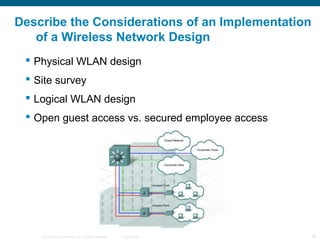 Describe the Considerations of an Implementation
   of a Wireless Network Design
  Physical WLAN design
  Site survey
 ...