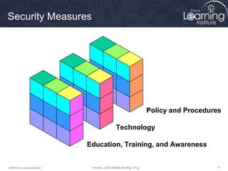 171717© 2009 Cisco Learning Institute.
Policy and Procedures
Technology
Education, Training, and Awareness
Security Measures
 