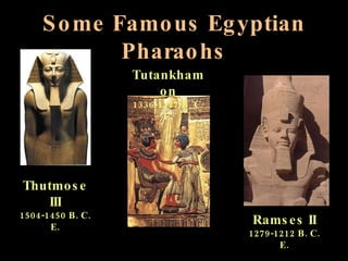 Some Famous Egyptian Pharaohs Thutmose III 1504-1450 B. C. E. Ramses II 1279-1212 B. C. E. Tutankhamon 1336-1327 B. C. E. 