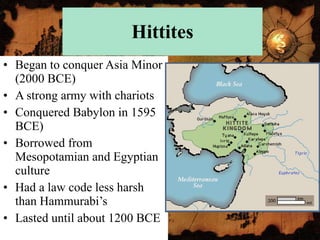 Hittites Began to conquer Asia Minor (2000 BCE) A strong army with chariots Conquered Babylon in 1595 BCE) Borrowed from Mesopotamian and Egyptian culture Had a law code less harsh than Hammurabi’s Lasted until about 1200 BCE 