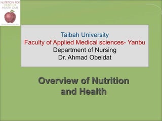Add
book
cover
image
Overview of Nutrition
and Health
Taibah University
Faculty of Applied Medical sciences- Yanbu
Department of Nursing
Dr. Ahmad Obeidat
 