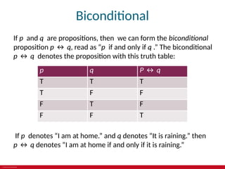 © 2019 McGraw-Hill Education
Biconditional
If p and q are propositions, then we can form the biconditional
proposition p ↔ q, read as “p if and only if q .” The biconditional
p ↔ q denotes the proposition with this truth table:
p q P ↔ q
T T T
T F F
F T F
F F T
If p denotes “I am at home.” and q denotes “It is raining.” then
p ↔ q denotes “I am at home if and only if it is raining.”
 
