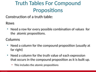 © 2019 McGraw-Hill Education
Truth Tables For Compound
Propositions
Construction of a truth table:
Rows
• Need a row for every possible combination of values for
the atomic propositions.
Columns
• Need a column for the compound proposition (usually at
far right)
• Need a column for the truth value of each expression
that occurs in the compound proposition as it is built up.
• This includes the atomic propositions
 