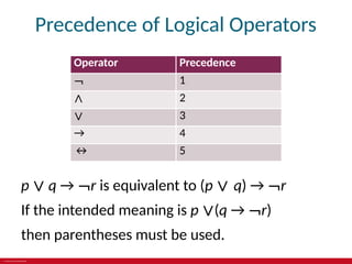 © 2019 McGraw-Hill Education
Precedence of Logical Operators
Operator Precedence
¬ 1
∧ 2
∨ 3
→ 4
↔ 5
p ∨ q → ¬r is equivalent to (p ∨ q) → ¬r
If the intended meaning is p ∨(q → ¬r)
then parentheses must be used.
 