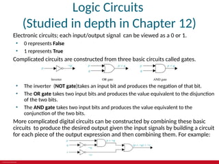 © 2019 McGraw-Hill Education
Logic Circuits
(Studied in depth in Chapter 12)
Electronic circuits; each input/output signal can be viewed as a 0 or 1.
• 0 represents False
• 1 represents True
Complicated circuits are constructed from three basic circuits called gates.
• The inverter (NOT gate)takes an input bit and produces the negation of that bit.
• The OR gate takes two input bits and produces the value equivalent to the disjunction
of the two bits.
• The AND gate takes two input bits and produces the value equivalent to the
conjunction of the two bits.
More complicated digital circuits can be constructed by combining these basic
circuits to produce the desired output given the input signals by building a circuit
for each piece of the output expression and then combining them. For example:
 