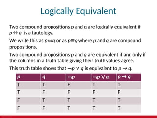 © 2019 McGraw-Hill Education
Logically Equivalent
Two compound propositions p and q are logically equivalent if
p↔q is a tautology.
We write this as p⇔q or as p≡q where p and q are compound
propositions.
Two compound propositions p and q are equivalent if and only if
the columns in a truth table giving their truth values agree.
This truth table shows that ¬p ∨ q is equivalent to p → q.
p q ¬p ¬p ∨ q p → q
T T F T T
T F F F F
F T T T T
F F T T T
 