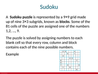 © 2019 McGraw-Hill Education
Sudoku
A Sudoku puzzle is represented by a 9×9 grid made
up of nine 3×3 subgrids, known as blocks. Some of the
81 cells of the puzzle are assigned one of the numbers
1,2, …, 9.
The puzzle is solved by assigning numbers to each
blank cell so that every row, column and block
contains each of the nine possible numbers.
Example
 