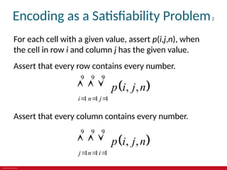 © 2019 McGraw-Hill Education
Encoding as a Satisfiability Problem2
For each cell with a given value, assert p(i,j,n), when
the cell in row i and column j has the given value.
Assert that every row contains every number.
 
9 9 9
1 1 1
, ,
i n j
p i j n
  
  
Assert that every column contains every number.
 
9 9 9
1 1 1
, ,
j n i
p i j n
  
  
 