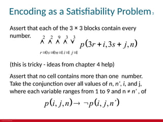 © 2019 McGraw-Hill Education
Encoding as a Satisfiability Problem3
Assert that each of the 3 × 3 blocks contain every
number.
 
2 2 9 3 3
0 0 1 1 1
3 ,3 ,
r s n i j
p r i s j n
    
 
    
(this is tricky - ideas from chapter 4 help)
Assert that no cell contains more than one number.
Take the conjunction over all values of n, n’, i, and j,
where each variable ranges from 1 to 9 and n ≠ n’ , of
   
, , , ,
p i j n p i j n
  
 