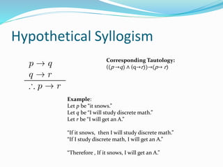 Hypothetical Syllogism
Example:
Let p be “it snows.”
Let q be “I will study discrete math.”
Let r be “I will get an A.”
“If it snows, then I will study discrete math.”
“If I study discrete math, I will get an A.”
“Therefore , If it snows, I will get an A.”
Corresponding Tautology:
((p →q) ∧ (q→r))→(p→ r)
 