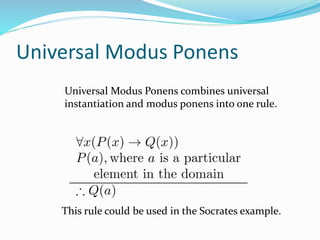 Universal Modus Ponens
Universal Modus Ponens combines universal
instantiation and modus ponens into one rule.
This rule could be used in the Socrates example.
 