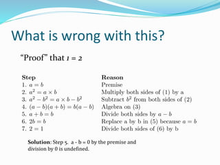 What is wrong with this?
“Proof” that 1 = 2
Solution: Step 5. a - b = 0 by the premise and
division by 0 is undefined.
 