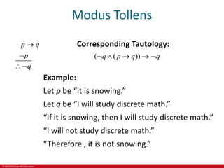 © 2019 McGraw-Hill Education
Modus Tollens
p q
p
q



Corresponding Tautology:
( ( ))
q p q q

   
Example:
Let p be “it is snowing.”
Let q be “I will study discrete math.”
“If it is snowing, then I will study discrete math.”
“I will not study discrete math.”
“Therefore , it is not snowing.”
 
