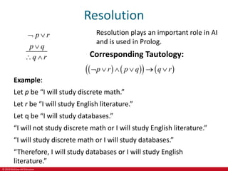 © 2019 McGraw-Hill Education
Resolution
p r
p q
q r
 

 
Resolution plays an important role in AI
and is used in Prolog.
Corresponding Tautology:
   
   
p r p q q r
     
Example:
Let p be “I will study discrete math.”
Let r be “I will study English literature.”
Let q be “I will study databases.”
“I will not study discrete math or I will study English literature.”
“I will study discrete math or I will study databases.”
“Therefore, I will study databases or I will study English
literature.”
 