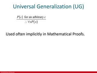 © 2019 McGraw-Hill Education
Universal Generalization (UG)
 
 
for an arbitrary
P c c
xP x

Used often implicitly in Mathematical Proofs.
 