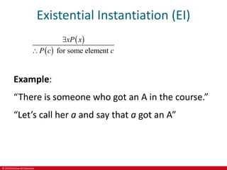 © 2019 McGraw-Hill Education
Existential Instantiation (EI)
 
  for some element
xP x
P c c


Example:
“There is someone who got an A in the course.”
“Let’s call her a and say that a got an A”
 