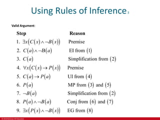 © 2019 McGraw-Hill Education
Using Rules of Inference3
Valid Argument:
   
 
     
   
   
 
   
1. Premise
2. B EI from 1
3. Simplification from 2
4. Premise
5.
x C x B x
C a a
C a
x C x P x
C a P a
  
 
 

Step Reason
 
     
   
       
   
   
UI from 4
6. MP from 3 and 5
7. Simplification from 2
8. Conj from 6 and 7
9. EG from 8
P a
B a
P a B a
x P x B x

 
  
 