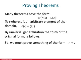 © 2019 McGraw-Hill Education
Proving Theorems
Many theorems have the form:
To swhere c is an arbitrary element of the
domain,
By universal generalization the truth of the
original formula follows.
So, we must prove something of the form:
   
 
x P x Q x
 
   
P c Q c

p q

 