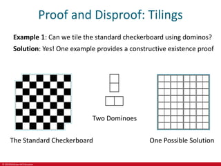 © 2019 McGraw-Hill Education
Proof and Disproof: Tilings
Example 1: Can we tile the standard checkerboard using dominos?
Solution: Yes! One example provides a constructive existence proof
The Standard Checkerboard
Two Dominoes
One Possible Solution
 