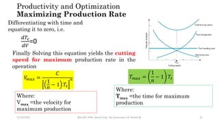 11/15/2022 BDU-BiT-FMIE Manuf. Eng. I By Gessessew L & Yibeltal W. 32
Differentiating with time and
equating it to zero, i.e.
𝑑𝑇𝑐
𝑑𝑉
=0
Finally Solving this equation yields the cutting
speed for maximum production rate in the
operation
𝑉
𝑚𝑎𝑥 =
𝐶
1
𝑛
− 1 𝑇𝑡
𝑛
Where:
Vmax =the velocity for
maximum production
𝑇𝑚𝑎𝑥 =
1
𝑛
− 1 𝑇𝑡
Where:
Tmax =the time for maximum
production
Productivity and Optimization
Maximizing Production Rate
 