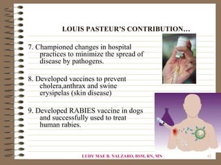 LOUIS PASTEUR’S CONTRIBUTION…

7. Championed changes in hospital
    practices to minimize the spread of
    disease by pathogens.

8. Developed vaccines to prevent
    cholera,anthrax and swine
    erysipelas (skin disease)

9. Developed RABIES vaccine in dogs
    and successfully used to treat
    human rabies.



                  LUDY MAE B. NALZARO, BSM, RN, MN   42
 