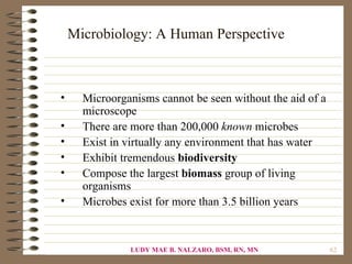 Microbiology: A Human Perspective



•     Microorganisms cannot be seen without the aid of a
      microscope
•     There are more than 200,000 known microbes
•     Exist in virtually any environment that has water
•     Exhibit tremendous biodiversity
•     Compose the largest biomass group of living
      organisms
•     Microbes exist for more than 3.5 billion years


               LUDY MAE B. NALZARO, BSM, RN, MN            62
 