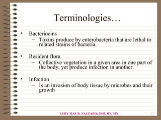 Terminologies…
•   Bacteriocins
     – Toxins produce by enterobacteria that are lethal to
        related strains of bacteria.

•   Resident flora
     – Collective vegetation in a given area in one part of
        the body, yet produce infection in another.

•   Infection
     – Is an invasion of body tissue by microbes and their
        growth



                 LUDY MAE B. NALZARO, BSM, RN, MN         67
 
