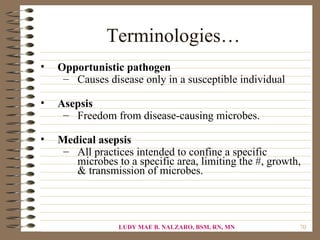 Terminologies…
•   Opportunistic pathogen
     – Causes disease only in a susceptible individual

•   Asepsis
     – Freedom from disease-causing microbes.

•   Medical asepsis
     – All practices intended to confine a specific
       microbes to a specific area, limiting the #, growth,
       & transmission of microbes.



                 LUDY MAE B. NALZARO, BSM, RN, MN         70
 