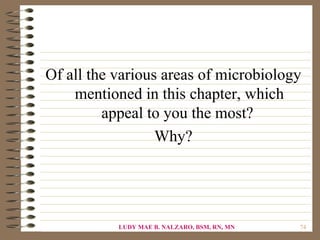 Of all the various areas of microbiology
    mentioned in this chapter, which
         appeal to you the most?
                  Why?




           LUDY MAE B. NALZARO, BSM, RN, MN   74
 