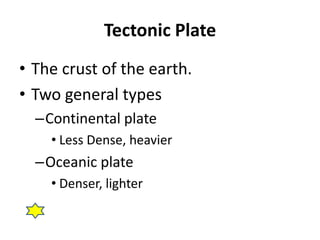 Tectonic Plate
• The crust of the earth.
• Two general types
  –Continental plate
    • Less Dense, heavier
  –Oceanic plate
    • Denser, lighter
 
