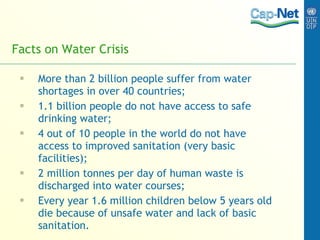 Facts on Water Crisis More than 2 billion people suffer from water shortages in over 40 countries; 1.1 billion people do not have access to safe drinking water; 4 out of 10 people in the world do not have access to improved sanitation (very basic facilities); 2 million tonnes per day of human waste is discharged into water courses; Every year 1.6 million children below 5 years old die because of unsafe water and lack of basic sanitation. 