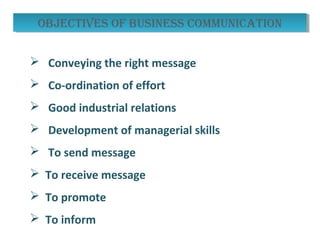  Conveying the right message
 Co-ordination of effort
 Good industrial relations
 Development of managerial skills
 To send message
 To receive message
 To promote
 To inform
objectives of business communicationobjectives of business communication
 