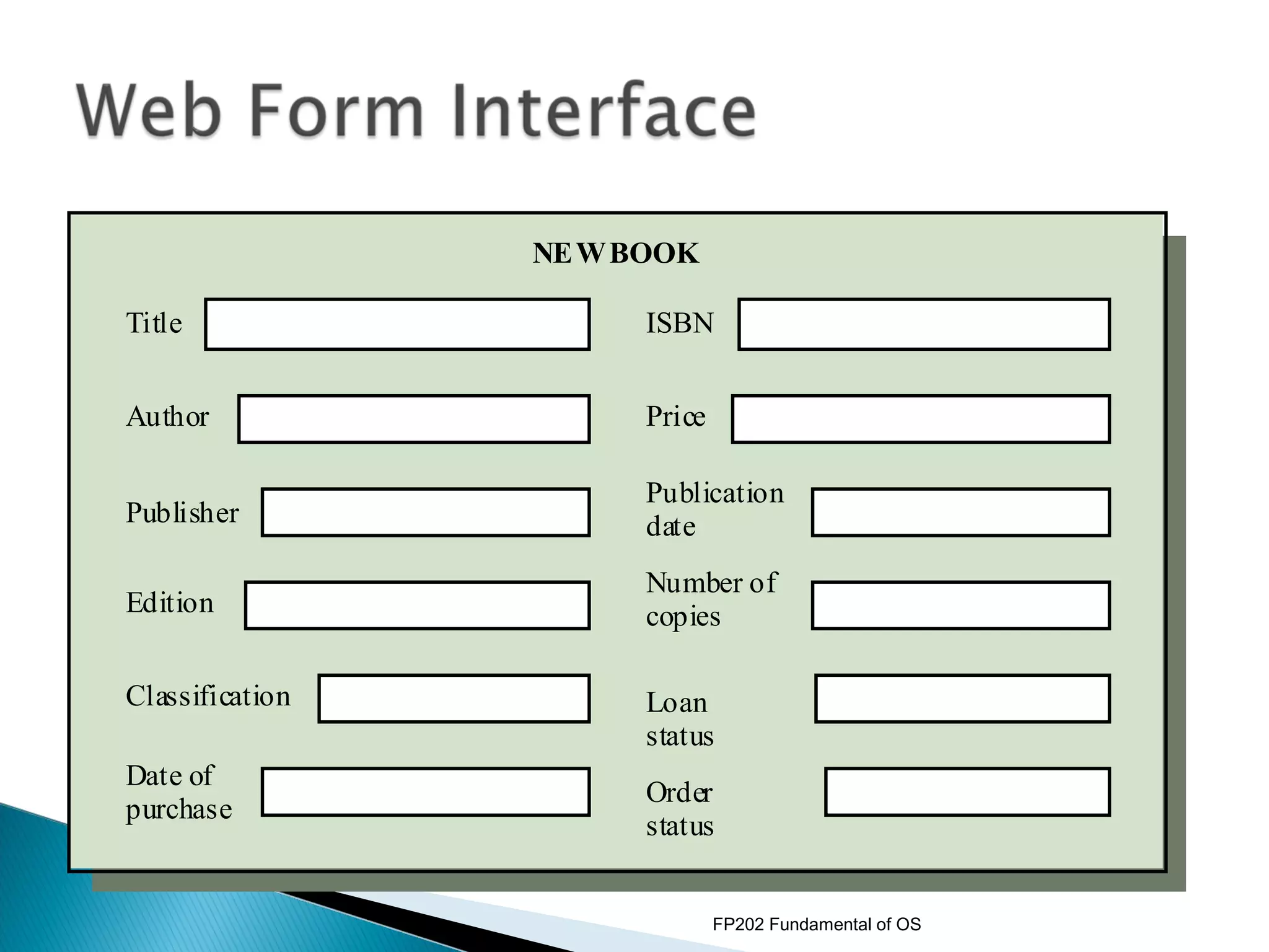 NE W BOOK

Title                  ISBN


Author                 Price

                       Publication
Publisher              date
                       Number of
Edition                copies

Classification         Loan
                       status
Date of
                       Order
purchase
                       status


                               FP202 Fundamental of OS
 