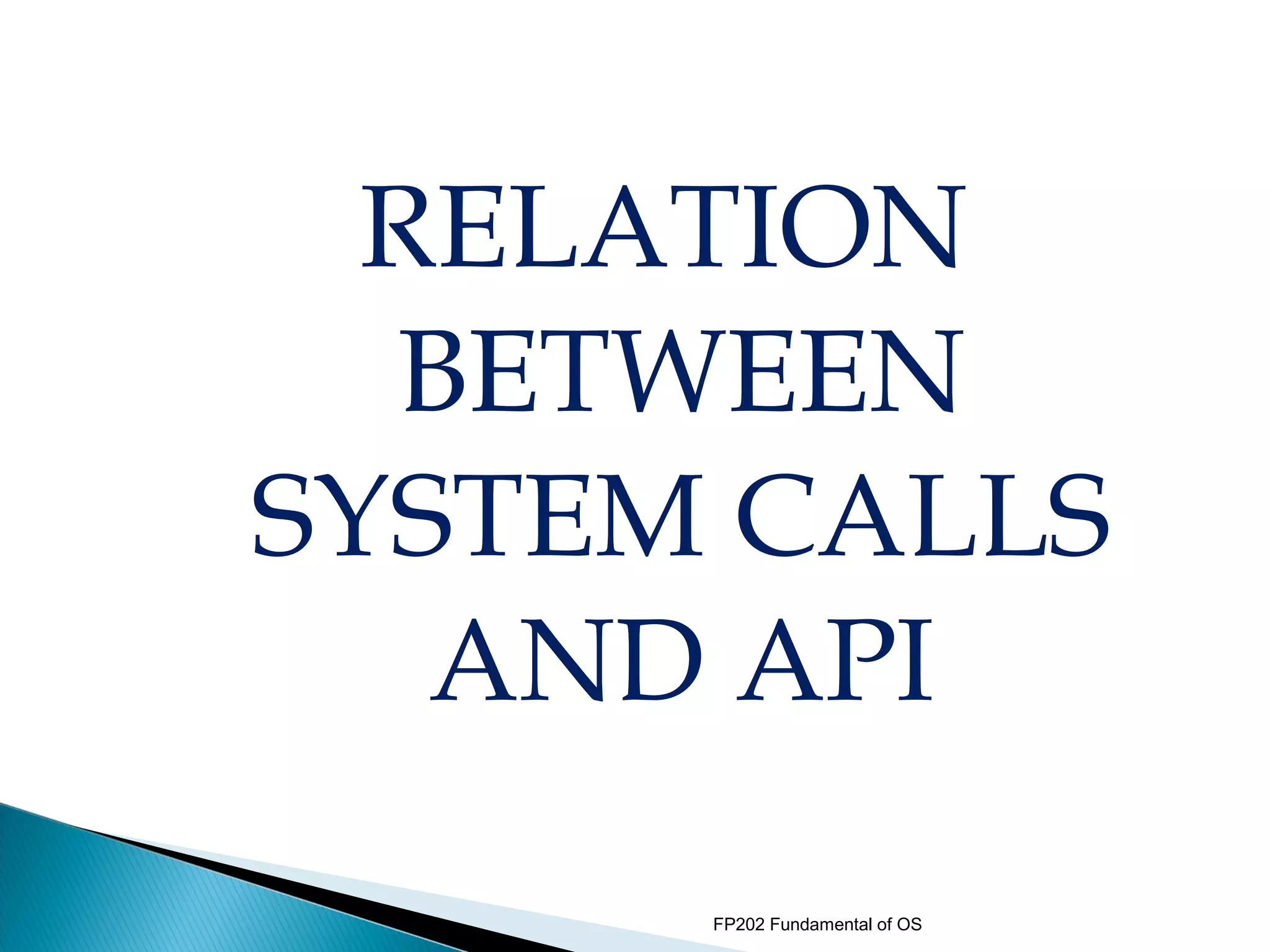 RELATION
  BETWEEN
SYSTEM CALLS
   AND API
      FP202 Fundamental of OS
 