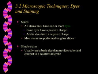 Stains All stains must have one or more  dyes Basic dyes have a positive charge Acidic dyes have a negative charge Most stains are performed on glass slides Simple stains Usually use a basic dye that provides color and contrast to a colorless microbe 3.2 Microscopic Techniques: Dyes and Staining 