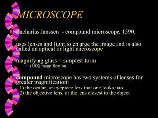 Zacharias Janssen  - compound microscope, 1590. uses lenses and light to enlarge the image and is also called an optical or light microscope  magnifying glass = simplest form (10X) magnification.  compound  microscope   has two systems of lenses for greater magnification: 1) the ocular, or eyepiece lens that one looks into  2) the objective lens, or the lens closest to the object MICROSCOPE 