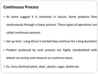 Continuous Process
 As name suggest it is continues in nature. Some products flow
continuously through a linear process. These types of operations are
called continuous process
 Set up time : Long (Once it started they continue for a long duration)
 Product produced by such process are highly standardized with
almost no variety and measure on continues basis.
 Ex. Urea chemical plant, steel , plastic, sugar, textile etc.
 